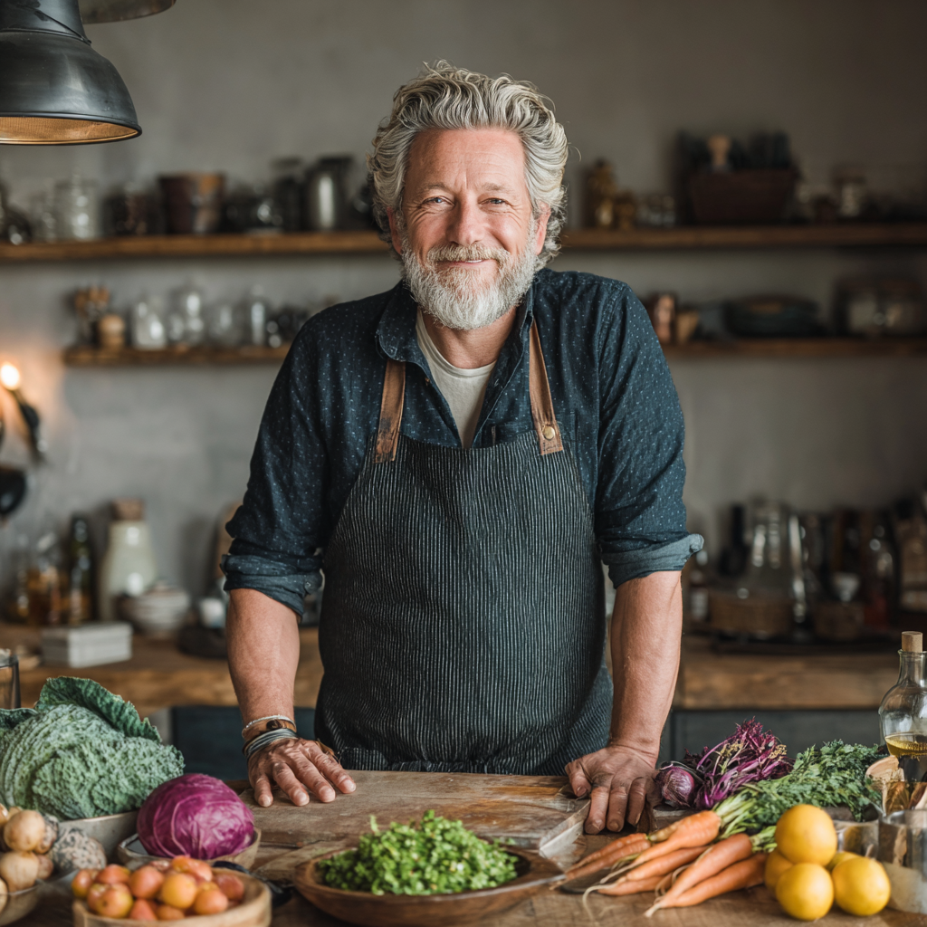 Чоловік 58 років готує здорову їжу за персональним планом харчування, усміхається на кухні