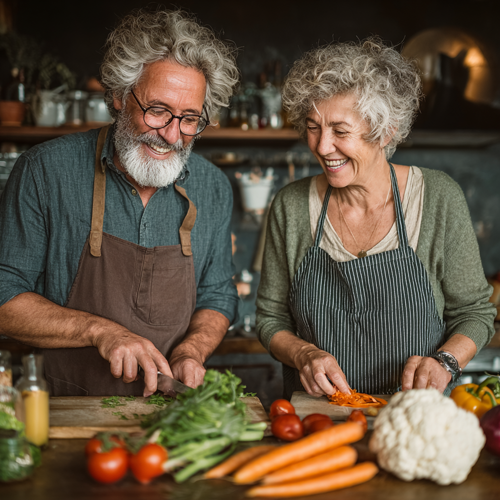 Усміхнена пара віком 52-58 років готує здорову їжу разом на кухні за планом lurkendros