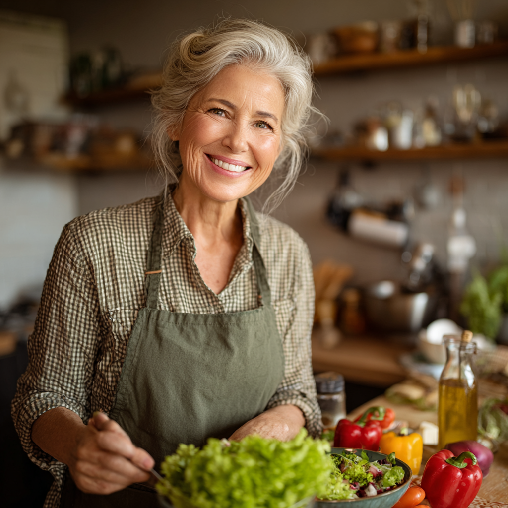 Жінка 55 років із здоровою їжею, усміхається під час приготування салату на кухні